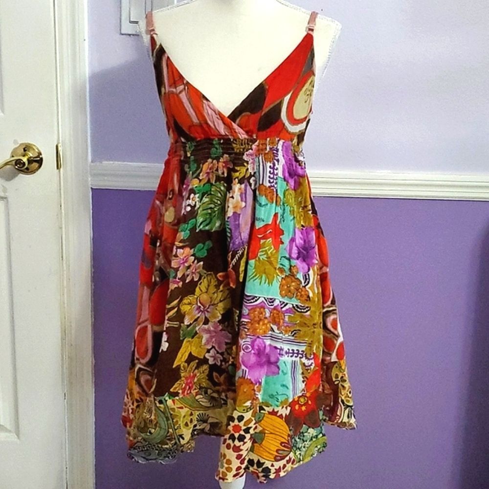 Planet Gold Colorful Boho Floral Gauzy Babydoll Mini Dress M